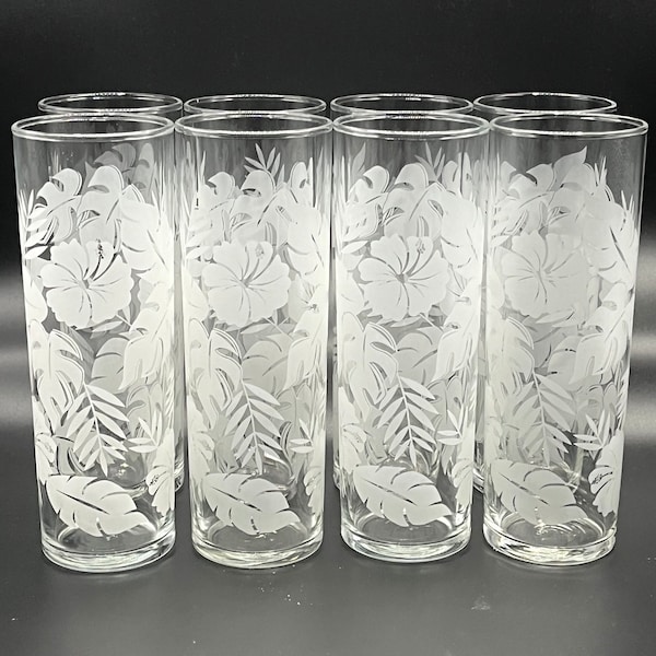 Vintage Tropical Tiki Zombie Cocktail Glasses with Frosted Ferns and Foliage Set of 8
