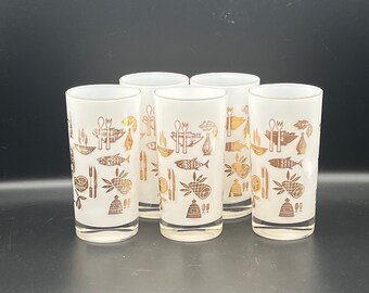 MCM Fred Press Style Collins Glasses with Gold Food Images