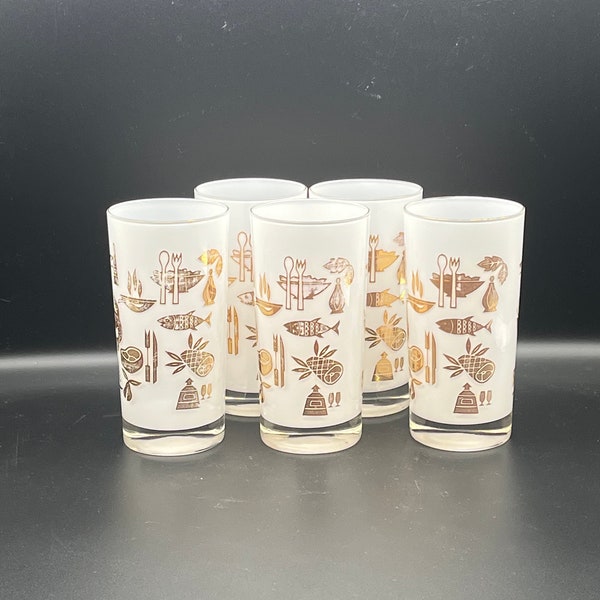 MCM Fred Press Style Collins Glasses with Gold Food Images