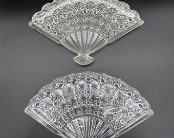 Set of Two Chinoiserie Style Vintage Crystal Cut Fan Trays
