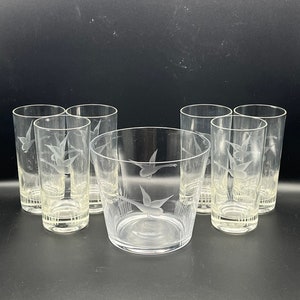 MCM Duck Etched Cocktail Set Collins Glasses and Ice Bucket Set of 11 Glasses