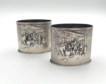 Hans Jensen Danish Silver-Plated Spoon Vases | Repoussé Village Scene Cocktail Holders