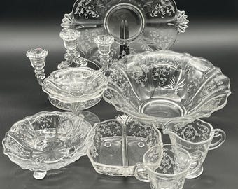 Vintage Fostoria Navarre Serving and Table Decor Pieces Etched Floral Design