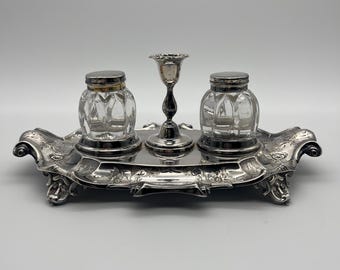 Victorian Style Silver Plated Inkstand with Crystal Inkwells and Candle Holdere