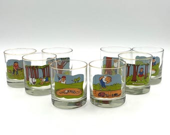 Vintage set of 8 Ashby Cartoon Rocks Golf Glasses