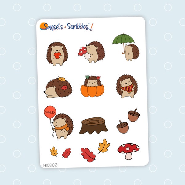 Charming Autumn Sticker Sheet - 15 Handmade Stickers - Hedgehogs, Leaves, and Acorn - Planner, Journal, Scrapbook Decoration - Fall Crafting