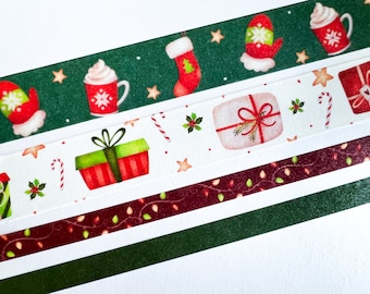 Festive Wonders Washi Tape Box Set - Christmas Presents, Mittens, Hot Chocolate, Holiday Lights - 4 Rolls, 15mm and 6mm