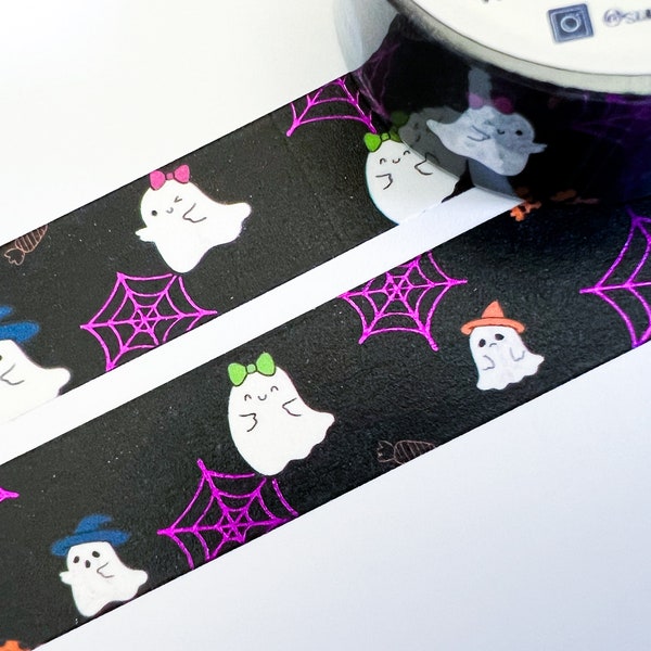 Ghostly Boo Halloween Washi Tape - 15mm x 5m, Decorative Tape with Cute Playful Ghosts, Pumpkins, Tombstones, and Purple Foil Accents