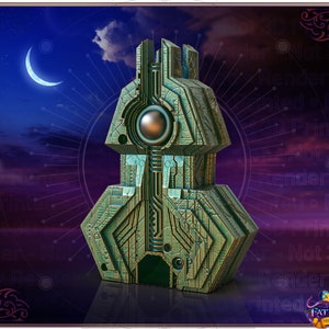 May include: A 3D printed, green and gold, detailed model of a futuristic tower with a circular opening and a glowing orb in the centre. The tower is set against a dark blue and purple sky with a crescent moon.