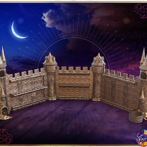 May include: A three-piece castle wall set made of brown and gold painted resin. The wall is made of stone blocks with a decorative design. The set includes two towers with pointed roofs and a straight wall section. The wall is set against a dark purple background with a crescent moon.