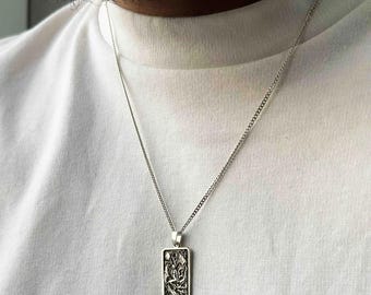 Silver mens necklace pendant, Mens silver necklace for men, Boyfriend gift for men, Rectangle pendant, Square pendant, Mens jewelry for men