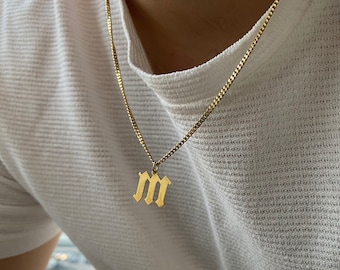 Mens Necklace,Initial Pendant Gift for him,Gifts, Initial Necklace, Curb Chain Necklace, Personalized Gift for Men, Custom Letter Necklace,