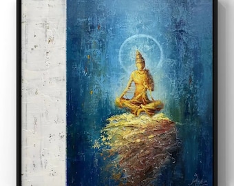 May include: A painting of a golden Buddha figure sitting in meditation on a small island. The Buddha is surrounded by a halo of light and the background is a deep blue.