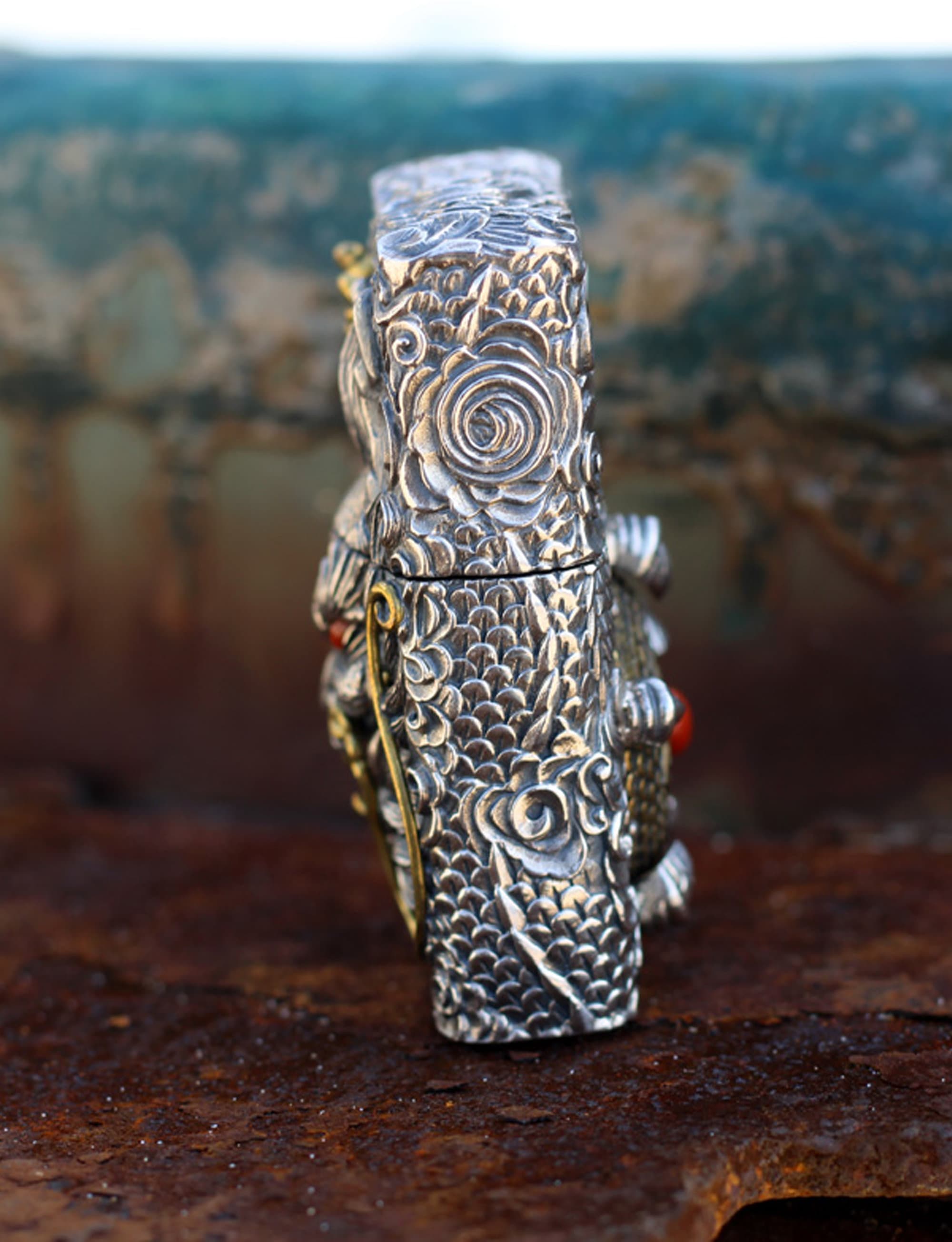 Handmade dragon lighter sterling silver inlaid ruby old Etsy