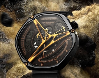 Hexagon Schwarzes Wasserfestes Skelett Zifferblatt Herren QuarzUhr Saphir Spiegel High-End nicht-mechanische Uhr