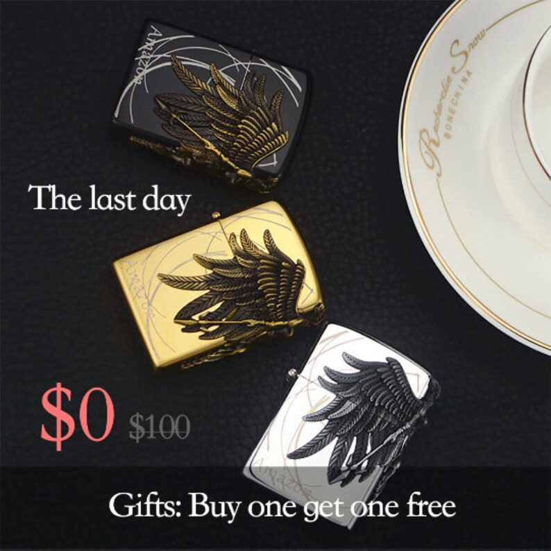 May include: Three metal lighters with wing designs. One is black with gold accents, another is gold, and the third is silver with black accents. The text "Amazon" is visible on each lighter. The phrase "The last day" is also visible.