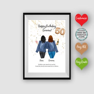 Happy 50th Birthday | Confetti Birthday Celebration | Best friend print |  Customised Wall Art | Friends portrait illustration