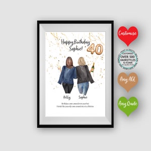 Happy 40th Birthday |Any Age or Quote | Confetti Birthday Celebration |Best friend print |Customised Wall Art |Friends portrait illustration