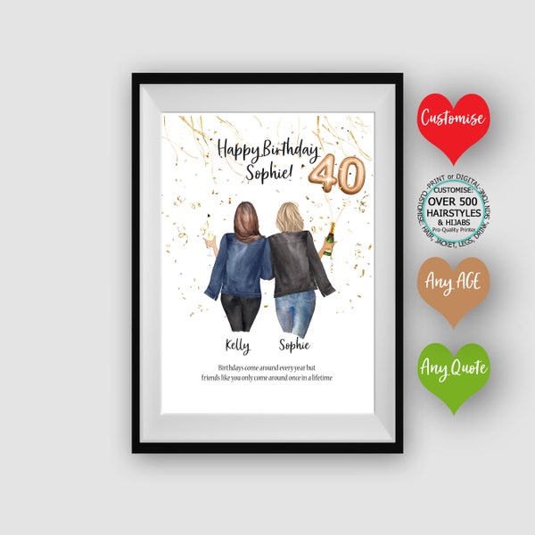 Joyeux 40e anniversaire | Tout âge ou citation | Célébration d'anniversaire de confettis | Impression de meilleur ami | Art mural personnalisé | Illustration de portrait d'amis