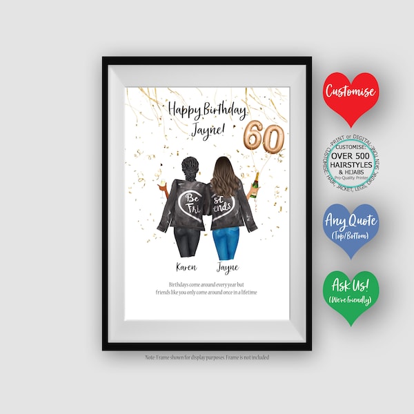 Happy 60th Birthday | Confetti Birthday Celebration | Best friend print |  Customised Wall Art | Friends portrait illustration