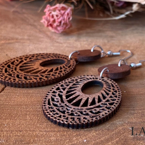 Boho Earrings Wooden Earrings / Vintage Hippie Summer Ethno Bohemian Mandala Wooden Jewelry, Laser cut