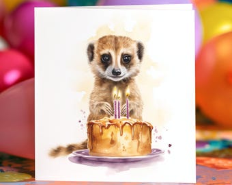 Meerkat Birthday Card – Personalised Animal Greeting Card – Cute Custom Meerkat with Birthday Cake – Card for Thinking of You - Thanks