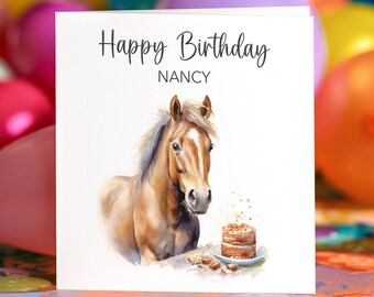 Horse Birthday Card Personalised, Animal Art Greeting Card, Pony Cake