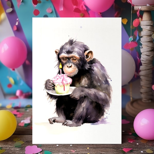 Chimpanzee Birthday Card | Cute Illustration | Jungle Animals | Blank Card | A6 Card | Chimp Greeting Card | Chimpanzee Cake | Jungle