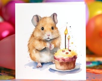 Hamster Birthday Card Personalised Greeting Card For Hamster Lovers, Cute Gift, Birthday Cake Candles, 148mm Square Custom Card Cute