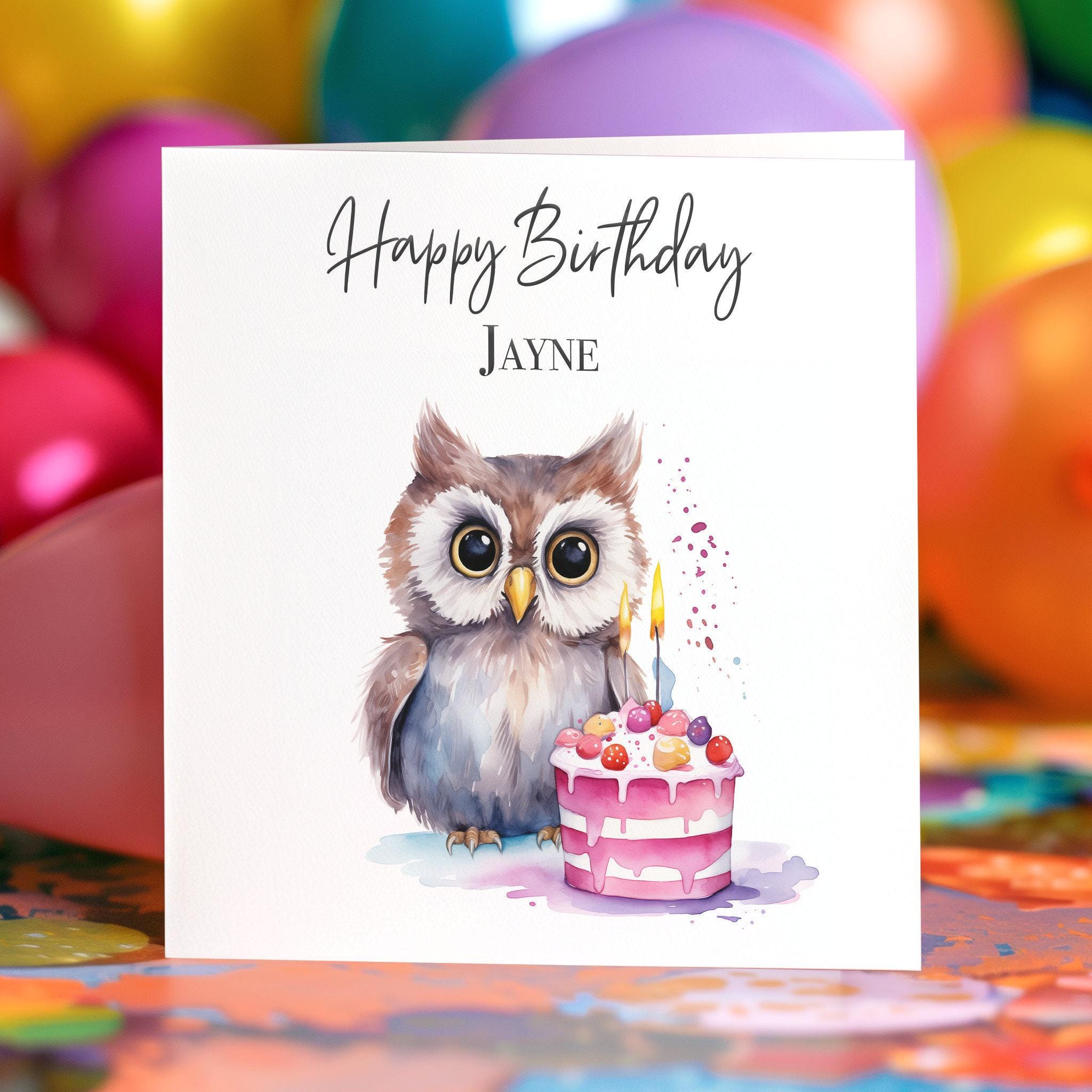 Owl Birthday Card – Personalised Woodland Animal Greeting – Cute Owl with Cake – C