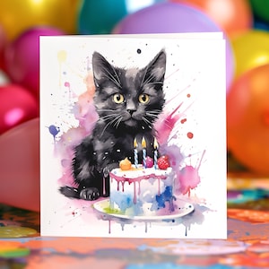 Black Kitten Birthday Card Cute Personalised Custom Painting Animals Blank Card Set Card Pet Greeting Card Cat Black Cake Birthday