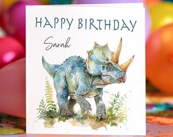 Triceratops Birthday Card – Personalised Dinosaur Card – Cute Watercolour Dino – Custom Name & Message