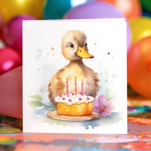 アヒルの誕生日カード：アヒルの子のグリーティングカード（148 mm 四方）、内側は空白またはパーソナライズ可能