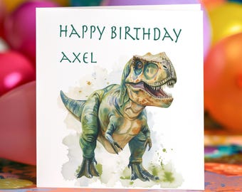 T-Rex Birthday Card – Personalised Dinosaur Card for Kids – Watercolour Tyrannosaurus – Custom Name & Message