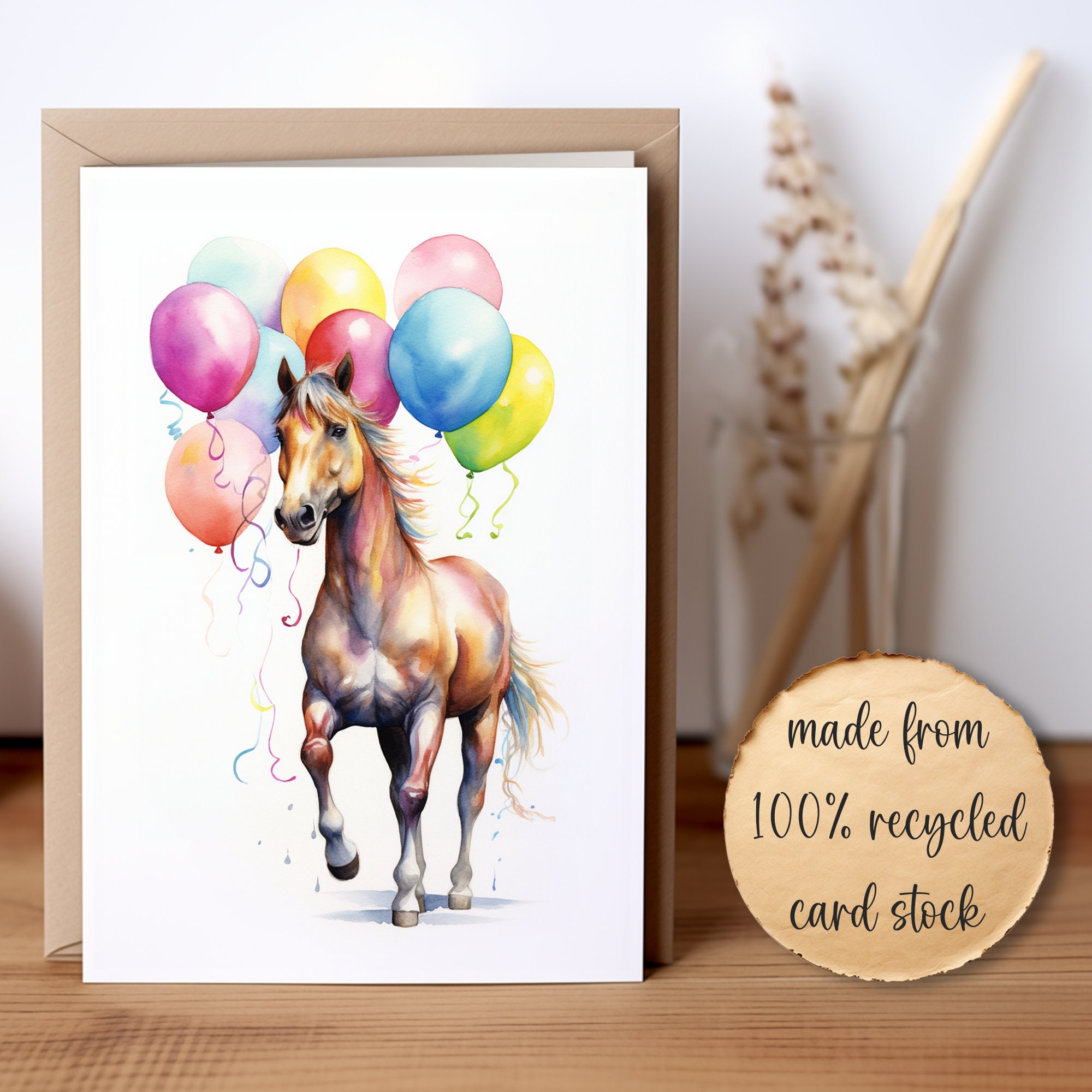 Horse Birthday Card Cute Illustration Party Balloons Woodland Animals ...