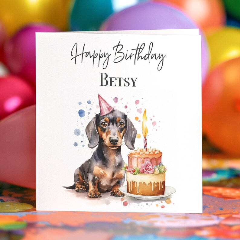 Personalised Dachshund Birthday Card – Sausage Dog with Birthday Cake – Custom Name & Message - Pet Lover Gift image 2