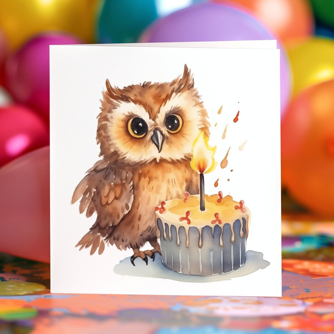 Owl Birthday Card Cute Personalised Custom Painting Animals Blank Card ...