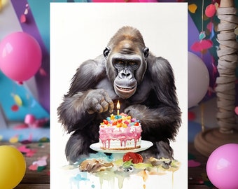 Gorilla Birthday Card Cute Personalised Custom Painting Jungle Animals Blank Card Set A6 Card Gorilla Cake Gorilla Greeting Card