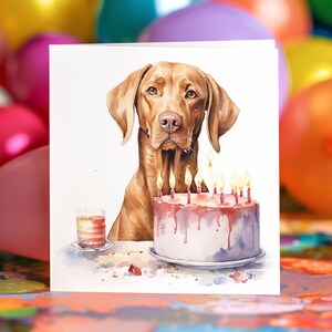 Vizsla Birthday Card, Personalised Greeting Card For Dog Lovers, Birthday Cake Candles, 148mm Square Custom Card, Vizsla Balloons