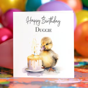 アヒルの誕生日カード：アヒルの子のグリーティングカード、中身は空白またはパーソナライズ、ケーキとかわいいアヒル