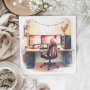 May include: A watercolour illustration depicts a gaming setup with three monitors, a computer tower, and a gaming chair. The desk includes a keyboard, mouse, and other accessories. The background features string lights and a warm colour palette, creating a cosy atmosphere.
