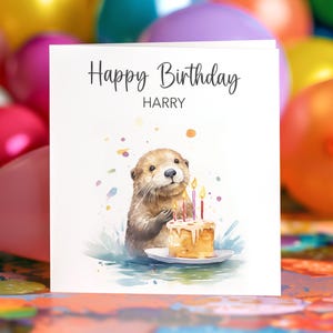 Otter Birthday Card: Watercolor Animal Portrait, Blank or Personalised Inside