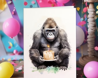 Gorilla Birthday Card Cute Illustration Jungle Animals Blank Card Set A6 Card Gorilla Greeting Card Cake