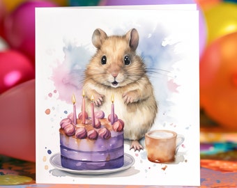 Carte d'anniversaire hamster, carte de voeux personnalisée pour les amoureux des hamsters, cadeau mignon, gâteau d'anniversaire, bougies, carte personnalisée carrée de 148 mm mignonne