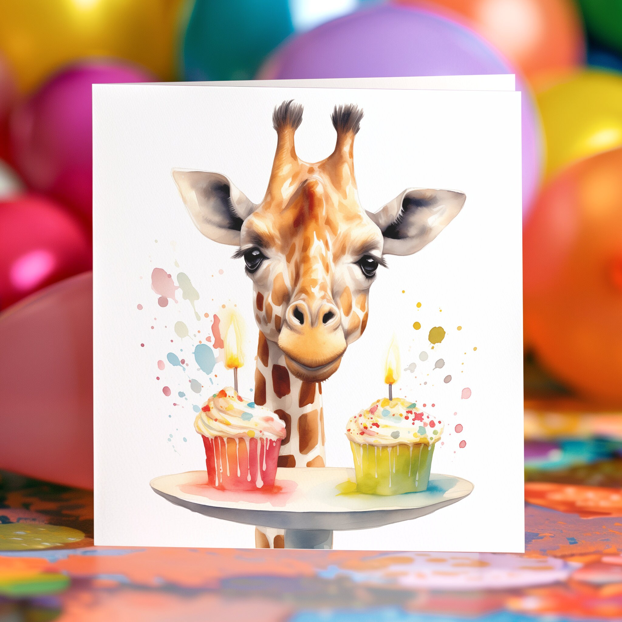 Friend Birthday Card - Cute Party Giraffes Design (150x150mm) With Pink Envelope