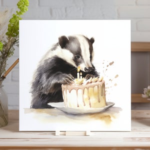 Badger Birthday Card Cute Personalised Painting Animal Card Blank Greeting Card Badger Cake Birthday A6 Custom Card