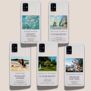 May include: Five phone cases with art prints. The cases feature famous paintings: "Almond Blossom" by Van Gogh, "The Cliffs at Étretat" by Monet, "Eagle Head" by Winslow Homer, "Woman in the Garden" by Monet, and "The Triumph of Venus" by Boucher.