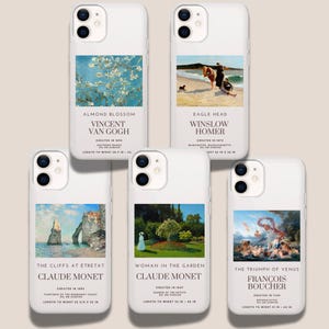 May include: Six different phone cases featuring famous paintings. Each case has a white background with the title of the painting, the artist's name, and the year it was created. The paintings include Almond Blossom by Vincent van Gogh, Eagle Head by Winslow Homer, The Cliffs at Etretat by Claude Monet, Woman in the Garden by Claude Monet, and The Triumph of Venus by François Boucher.