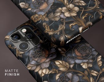 Stained Glass Phone Case, Gold Mosaic Dark Academia Flower iPhone 16 15 14 13 12 11 Pro Max, S25 S24 S23 Ultra, Gift for Her