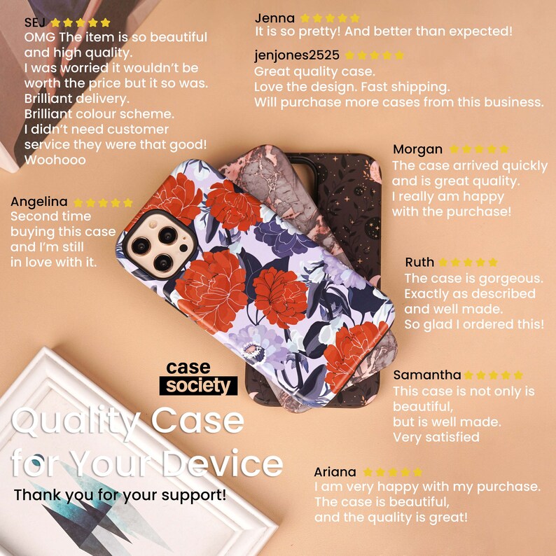 May include: A stack of phone cases with floral and marble designs. One case features large red flowers on a white and purple background. The text "case society" and "Quality Case for Your Device" are visible.